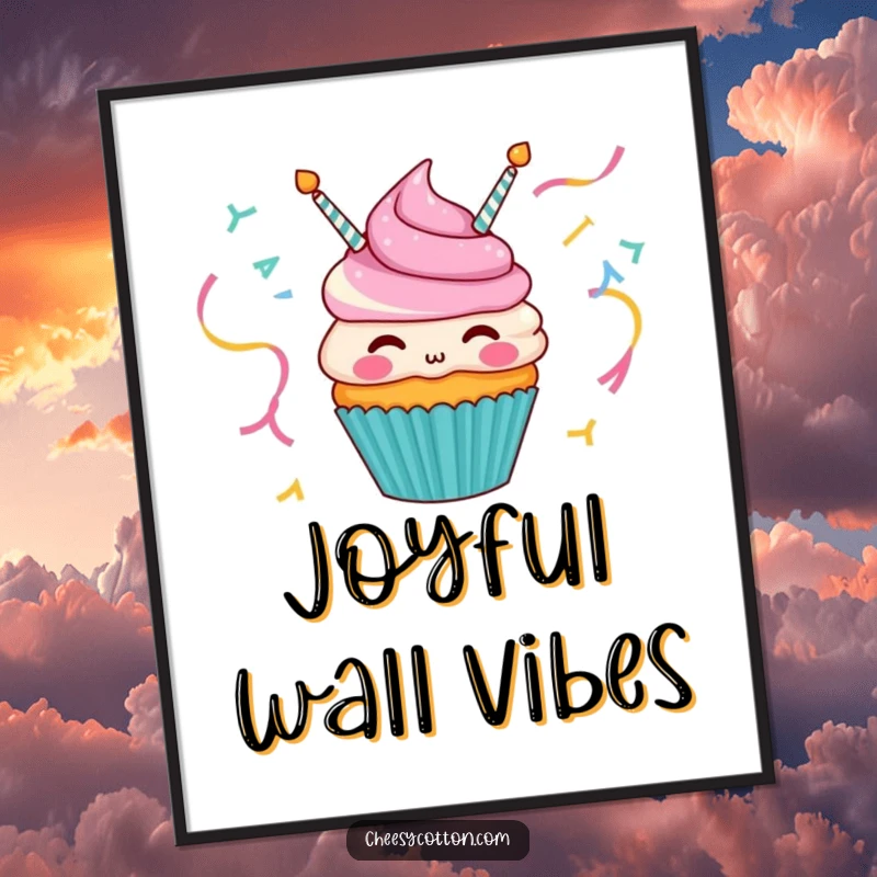 Funny digital art print of a happy cupcake character blowing party streamers, perfect for instant cheerful decoration.