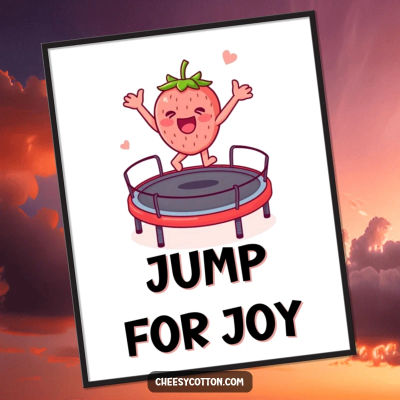Funny strawberry character captured in a spirited trampoline jump, offered as a downloadable digital art print.