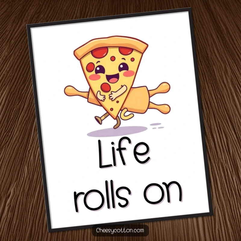 Funny digital art print of a giggling pizza slice character gleefully riding a runaway rolling pin, delivering instant humor and playful vibes.