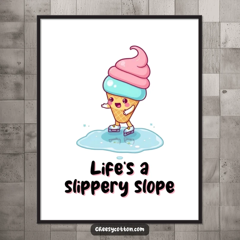 Funny Digital Art Print of a playful ice cream cone character attempting to ice skate on a puddle, capturing a moment of sweet chaos.