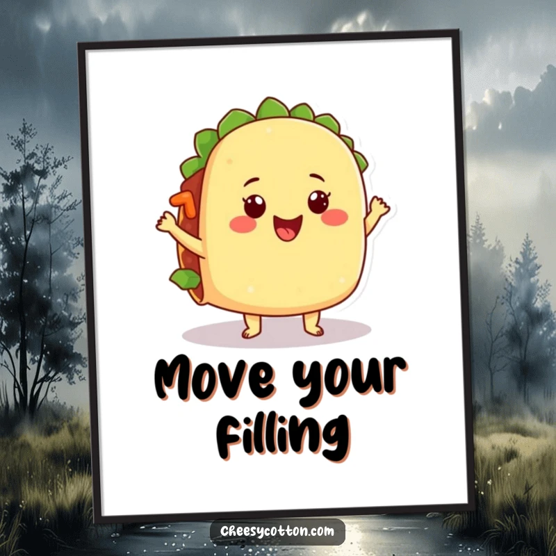 Funny digital art print of a happy taco character doing a silly dance with its filling jiggling, perfect for instant wall decor.