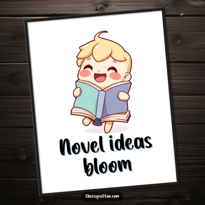 Funny digital art print of a joyful book character happily flipping its pages, offering instant literary charm and humorous decor.