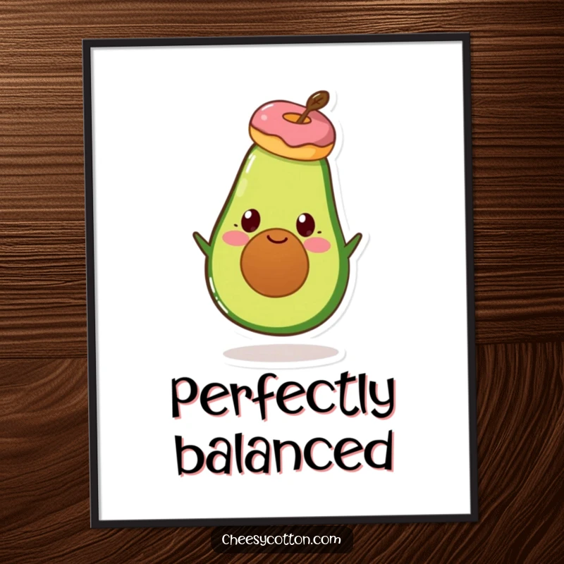 Funny Avocado Donut Digital Art Print: High-resolution image of a happy avocado character balancing a donut on its head.
