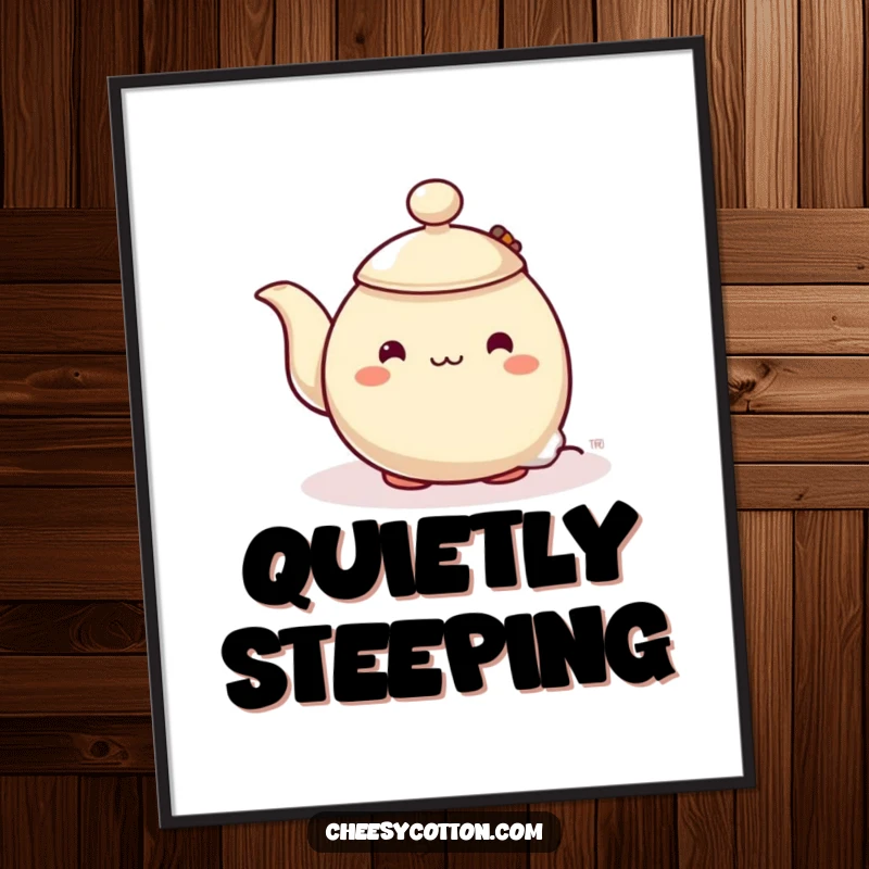 Funny digital art print of a shy teapot character hesitantly peeking from behind a steaming teabag, delivering instant calm and gentle humor.