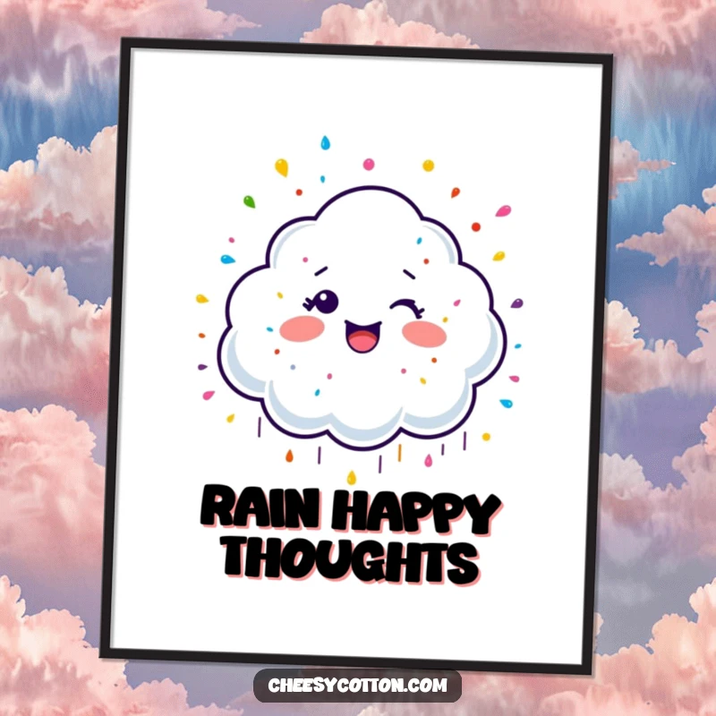Funny Digital Art Print of a giggling cloud character raining colorful sprinkles, offering instant sweetness and a cheerful, whimsical vibe.