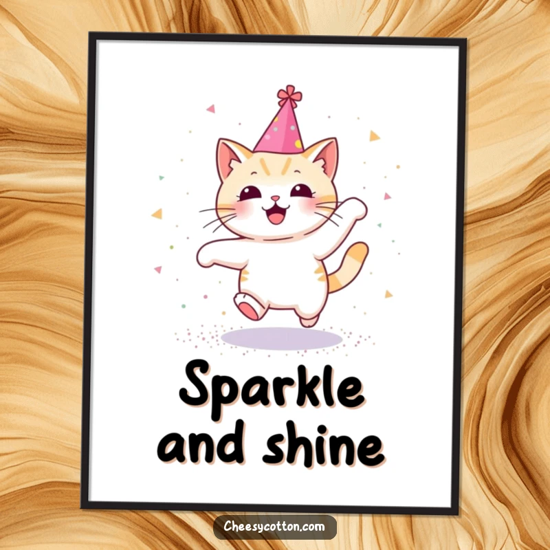 Funny digital art print of a Kawaii cat in a party hat, joyfully leaping through glitter, a picture of pure enchantment.