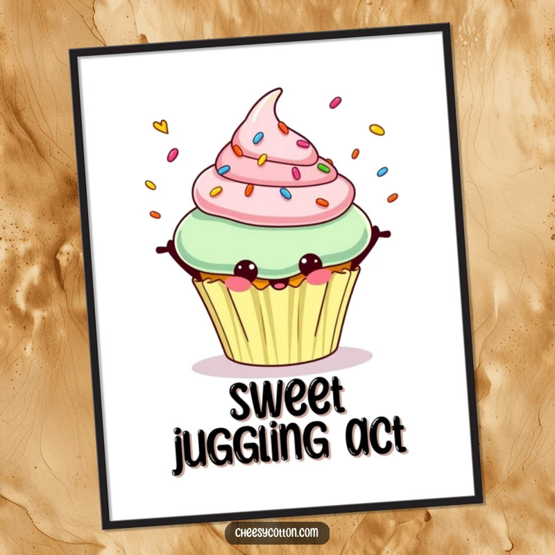 Funny digital art print of a cheerful cupcake character happily juggling colorful sprinkles with infectious joy.