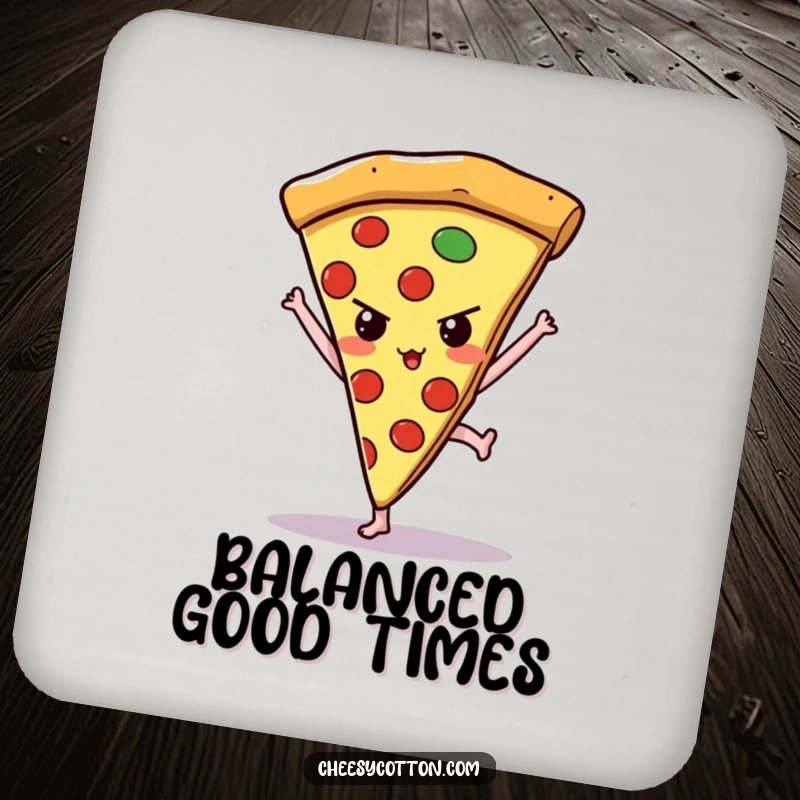 Funny kawaii pizza slice attempting a handstand, designed as a humorous coaster to protect surfaces from drinks.
