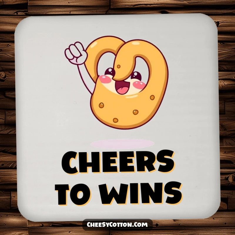 Funny drink coaster featuring a cheerful pretzel character pumping its fist in victory, protecting surfaces humorously.