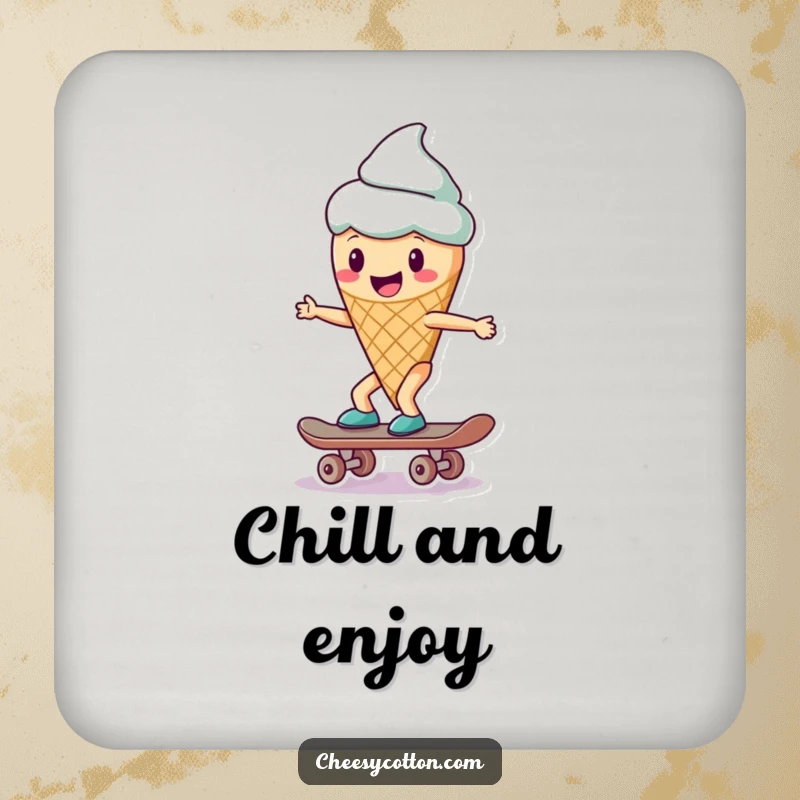 Funny ice cream cone character skateboarding, illustrated on a drink coaster for a touch of humor.
