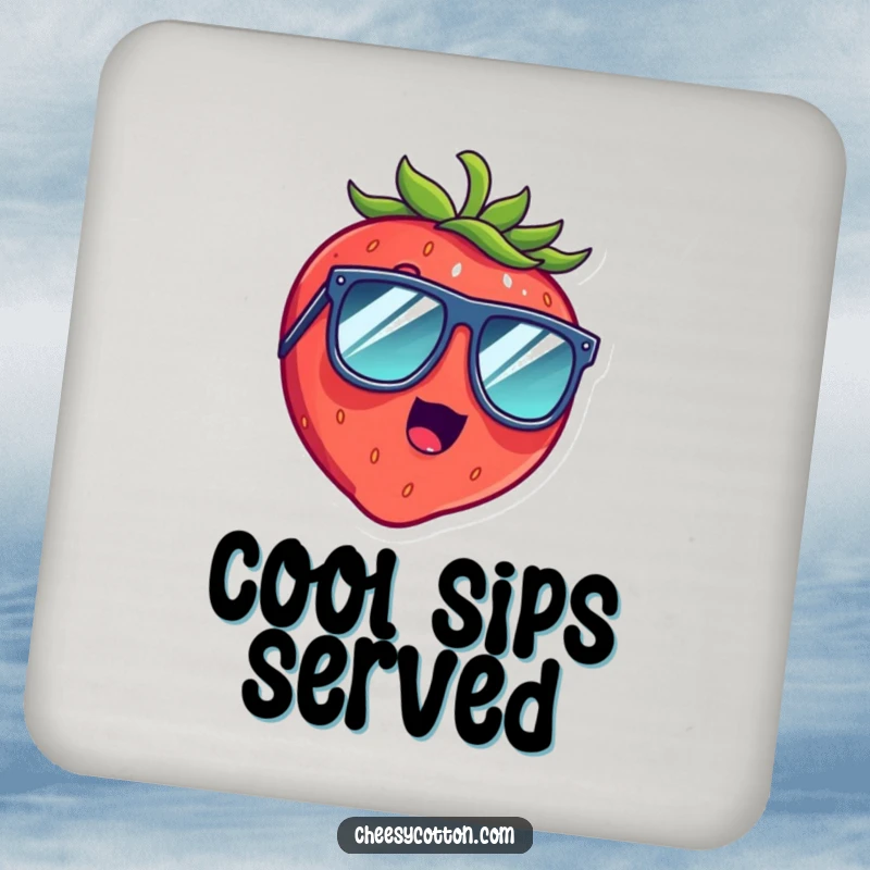 Funny drink coaster with a surprised strawberry giggling while wearing oversized sunglasses, preventing drink rings humorously.