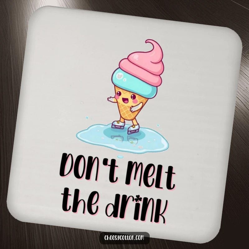 Funny Coaster featuring a playful ice cream cone character attempting to ice skate on a puddle, protecting surfaces with humor.
