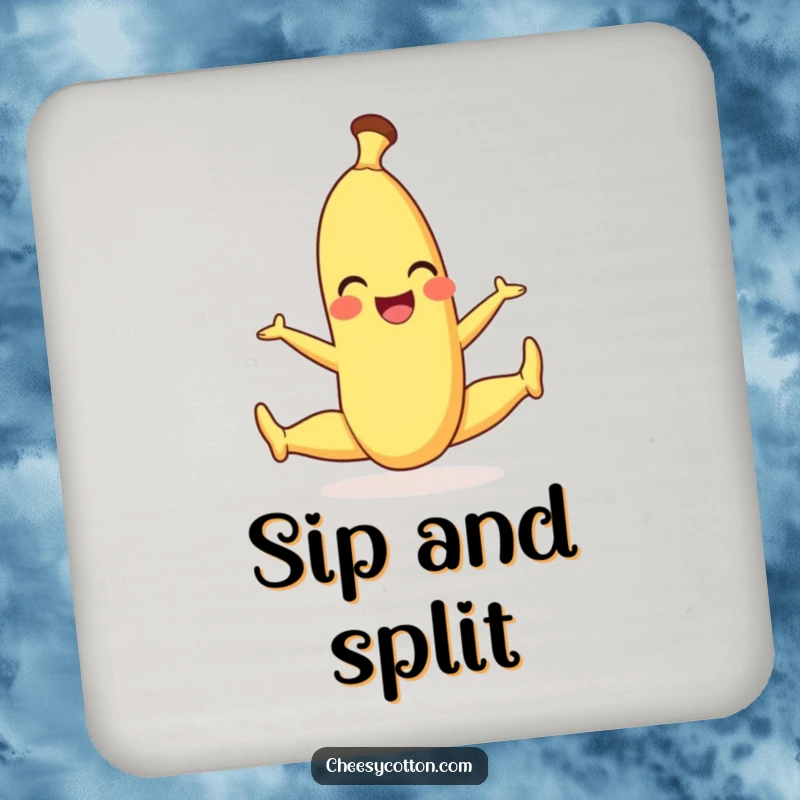 Funny drink coasters featuring a smiling banana character in a playful split, adding humor to beverage service.
