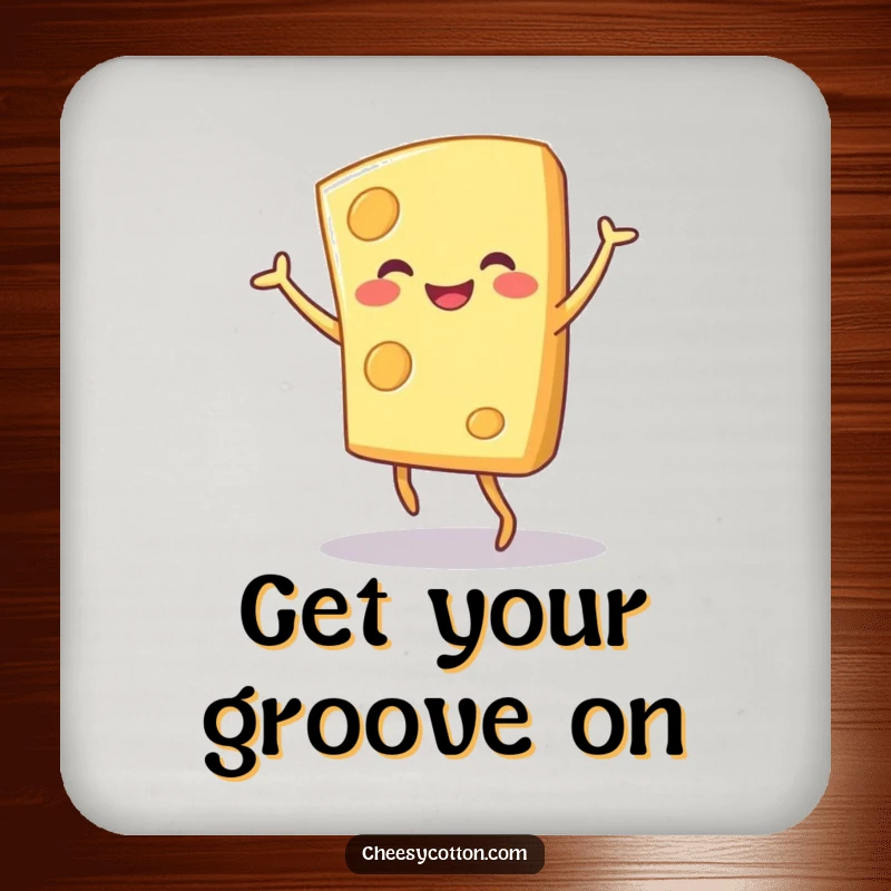 Funny smiling cheese character dancing, illustrated on a drink coaster for a touch of humor.