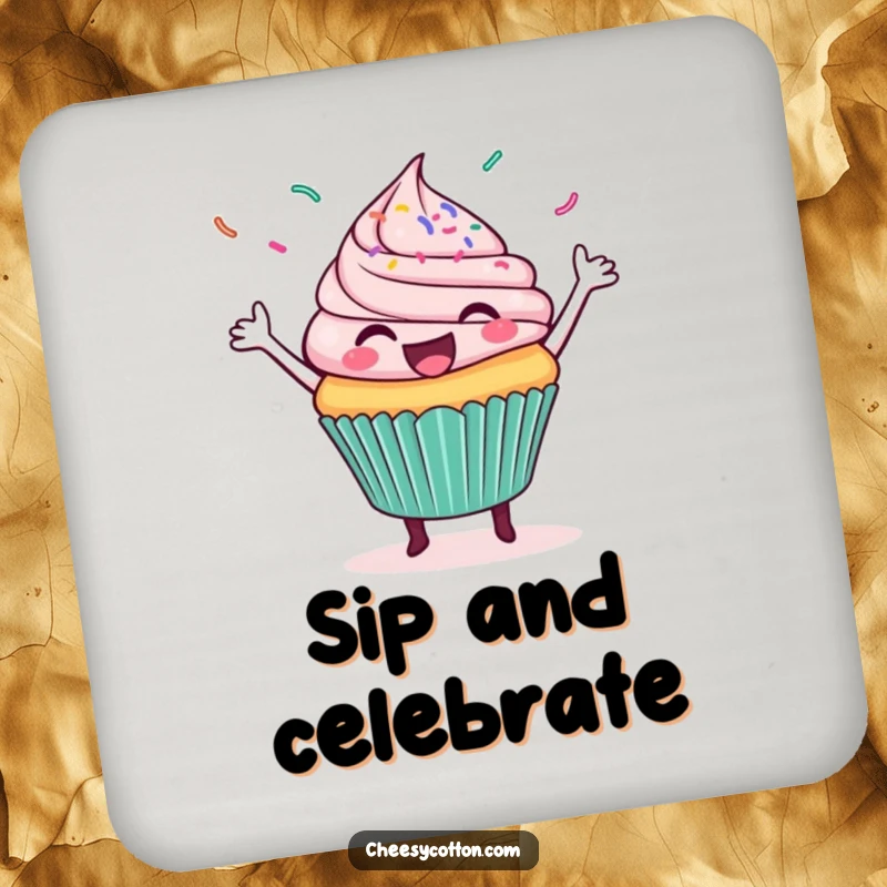Funny drink coaster showing a delighted cupcake dancing with a playful scattering of sprinkles, protecting surfaces.