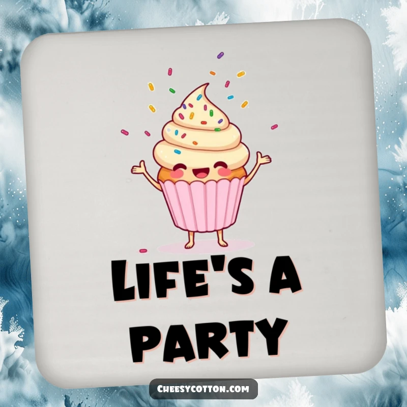 Funny cupcake character juggling sprinkles on a protective drink coaster, adding humor to home decor.