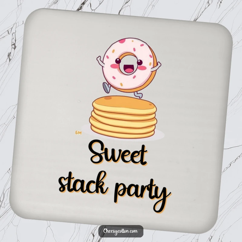 Funny Donut Pancake Leap Coaster: A coaster featuring a determined donut character leaping over a stack of pancakes.