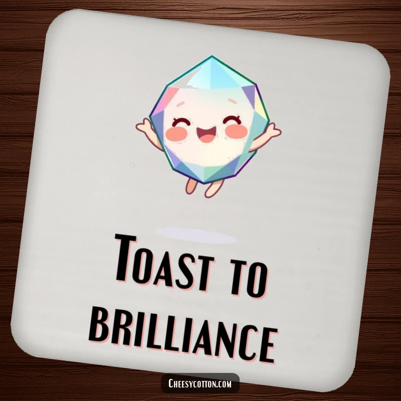 Funny drink coaster showcasing a cute, giggling gemstone character bouncing with pure joy, adding humorous protection.