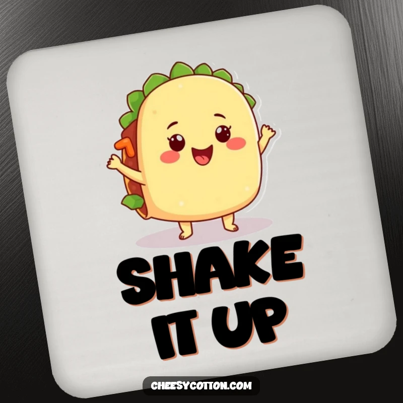 Funny coaster featuring a happy taco character dancing, its filling comically jiggling, adding humor to drink service.