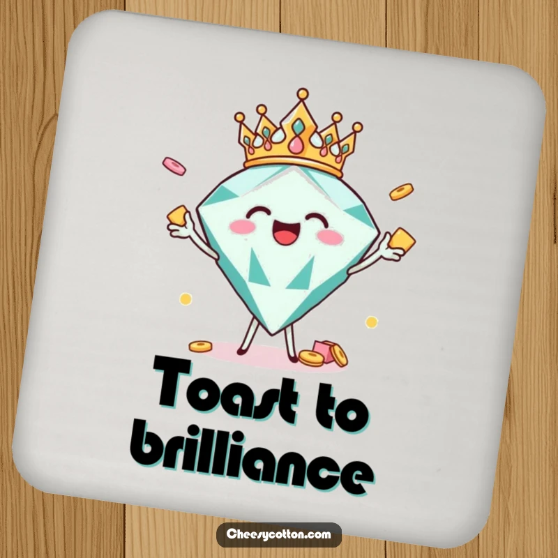 Funny crowned diamond character tossing snacks, a humorous coaster for drinks and celebrations.
