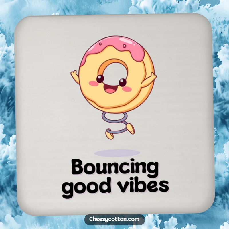 Funny Drink Coaster featuring a cute kawaii donut character joyfully bouncing on a spring, adding a touch of whimsy.