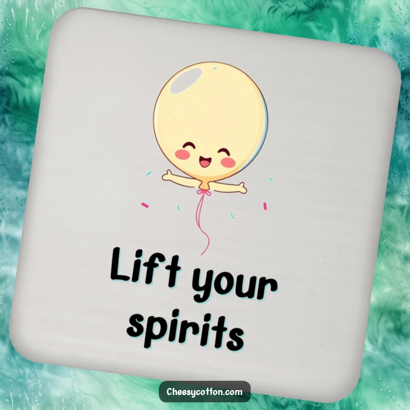 Funny playful balloon character with streamers, a humorous coaster for drinks and celebrations.