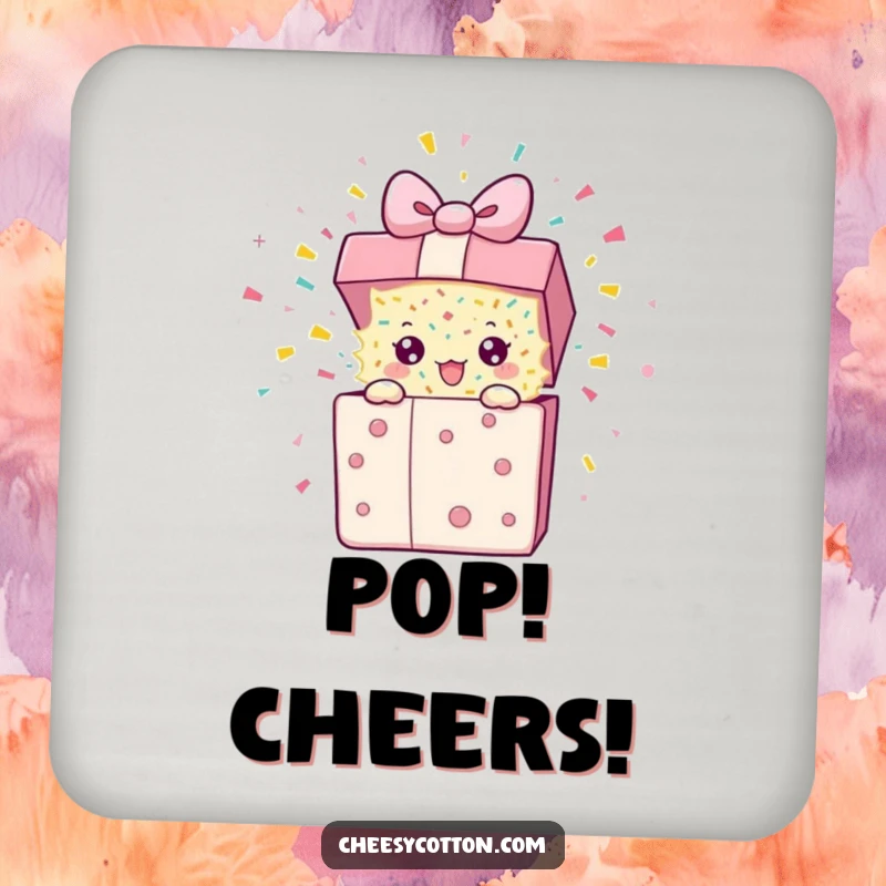 Funny Drink Coaster displaying a present character in the midst of a confetti blast, adding humor to drink service.
