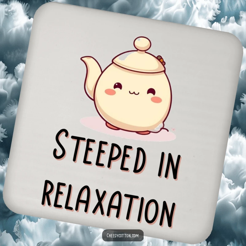 Funny drink coaster with a shy teapot character adorably peeking from behind a steaming teabag, protecting surfaces with gentle humor.