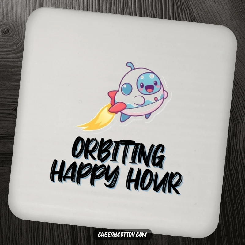 Funny drink coaster showcasing a tiny, excited spaceship character leaving a shimmering trail, protecting surfaces with interstellar humor.