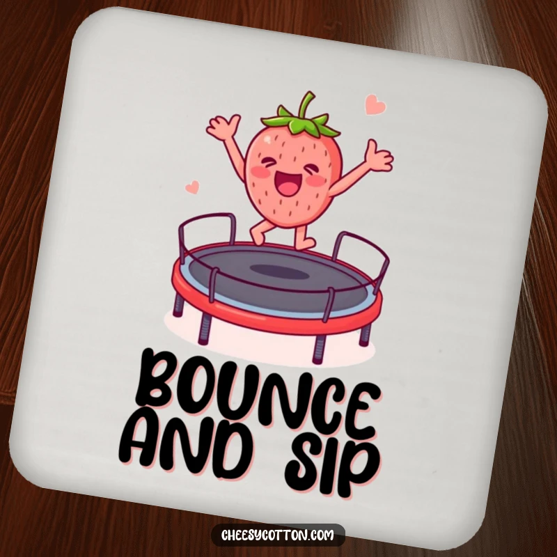 Funny strawberry character jumping on a trampoline, illustrated on a drink coaster for a touch of humor.