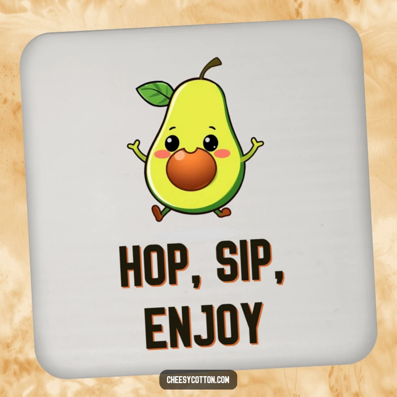 Funny Kawaii Avocado Coaster: A grinning, hopping avocado design on a coaster, protecting surfaces with humor.