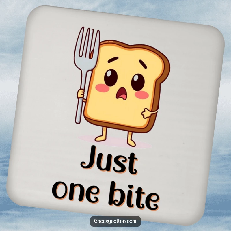 Funny coaster featuring a surprised toast character holding a giant fork, adding a humorous touch to drink settings.