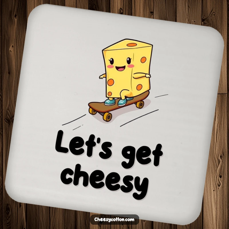 Funny coaster featuring a smiling cheese character skateboarding down a ramp, protecting surfaces with extreme style.