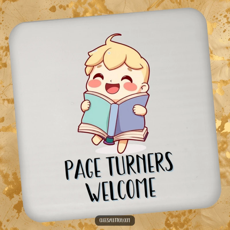 Funny drink coaster showcasing a joyful book character happily flipping its pages, adding literary humor and surface protection.
