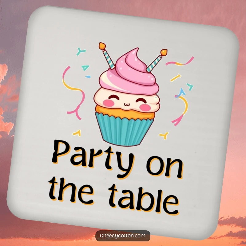 Funny coaster featuring a happy cupcake character blowing party streamers, protecting surfaces with festive flair.