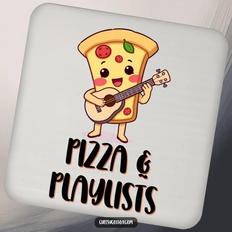 Funny coaster featuring a cute pizza slice character playing a ukulele, adding musical flair to drink settings.