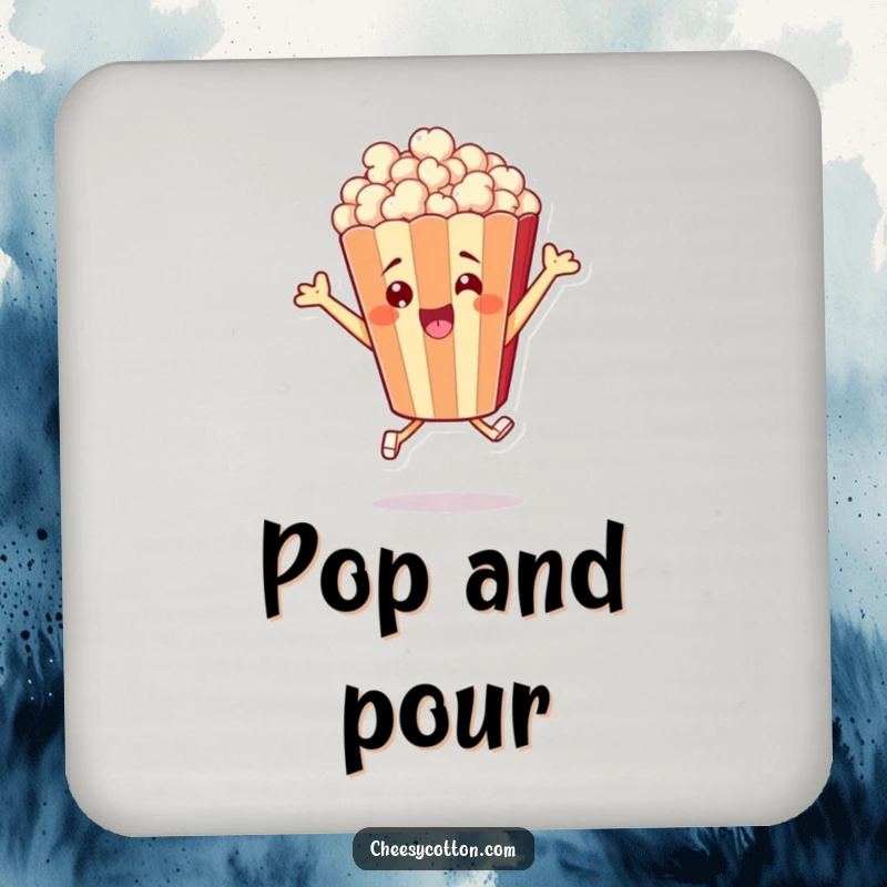 Funny drink coasters featuring a cheerful popcorn bag character leaping, adding a fun, cinematic touch to gatherings.