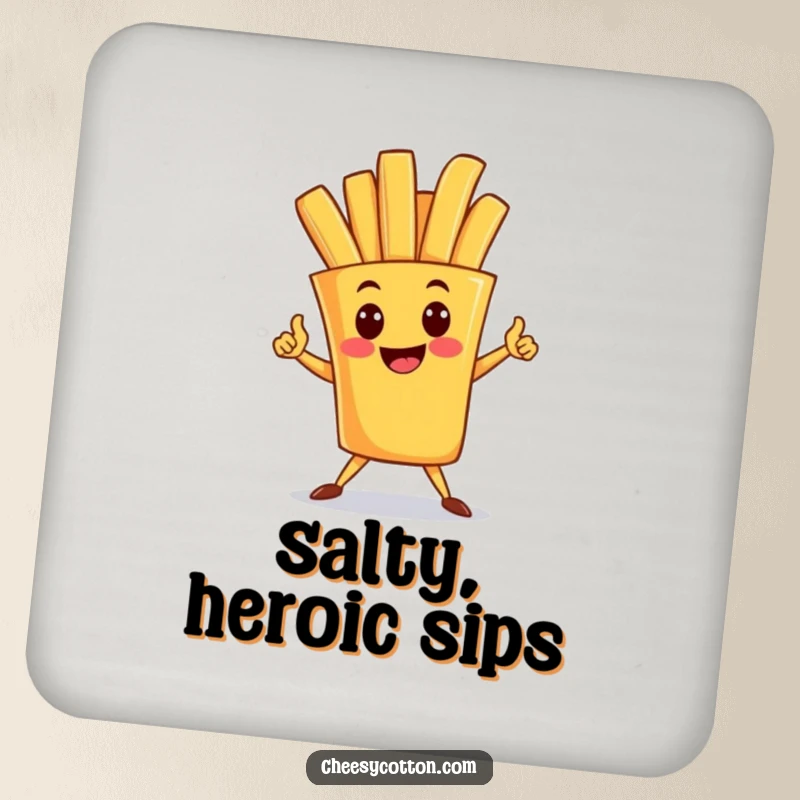 Funny coaster with a happy french fry character striking a superhero pose, offering heroic protection with a playful design.