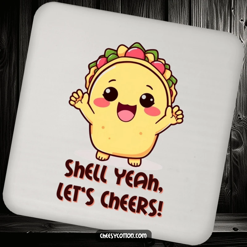 Funny Drink Coasters showcasing a cute kawaii taco character cheering happily with both hands, protecting surfaces with a cheerful vibe.