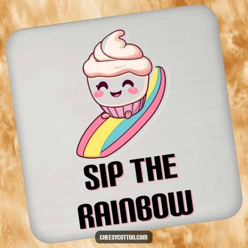 Funny drink coaster with a smiling cupcake character with mischievous eyes, sliding down a rainbow, adding festive sweetness.
