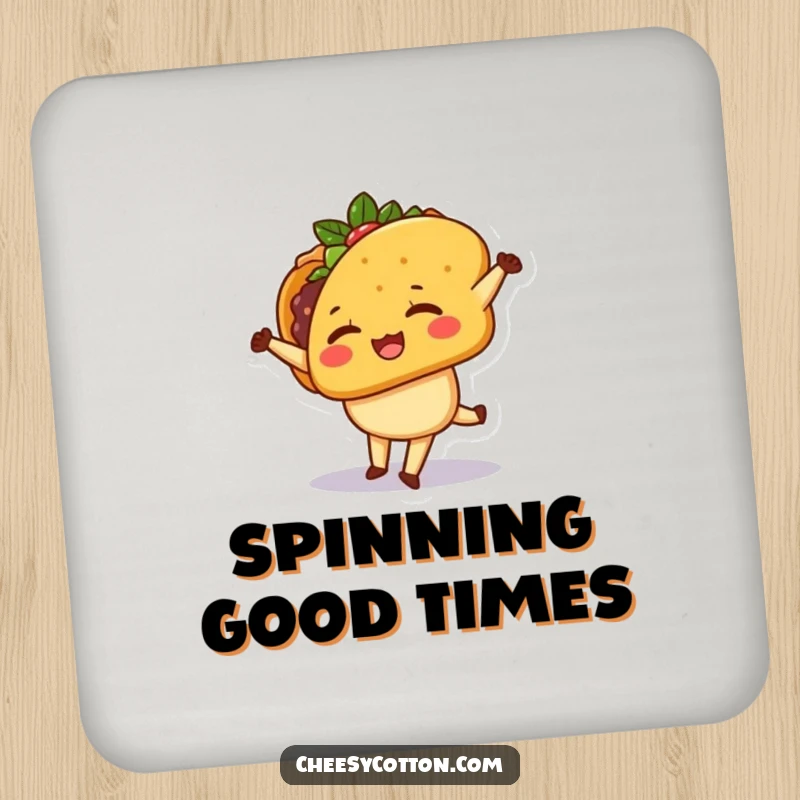 Funny Drink Coaster decorated with a cute kawaii taco character winking and executing a cartwheel, adding charm to any surface.