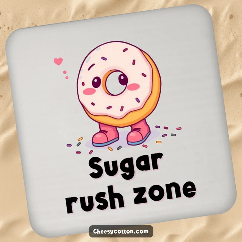 Funny drink coaster with a confused donut character adorably wearing tiny boots and stepping in sprinkles, protecting surfaces with humor.