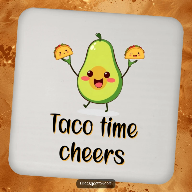Funny avocado taco juggling coaster, showing a cute avocado juggling tacos, protecting surfaces with food-themed charm.
