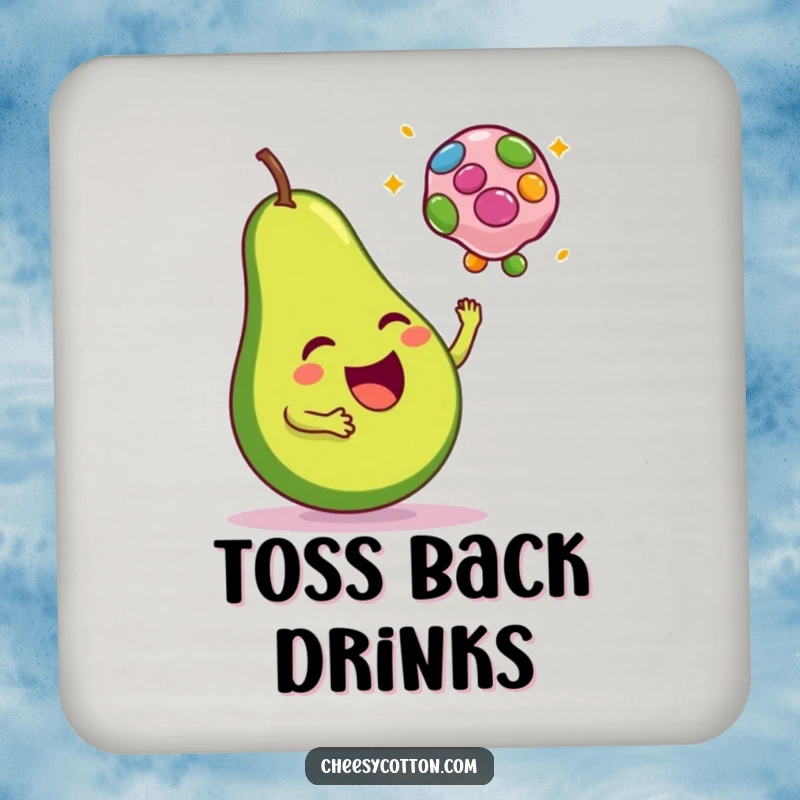 Funny drink coasters featuring a happy avocado tossing a colorful bean bag, stylishly protecting surfaces.