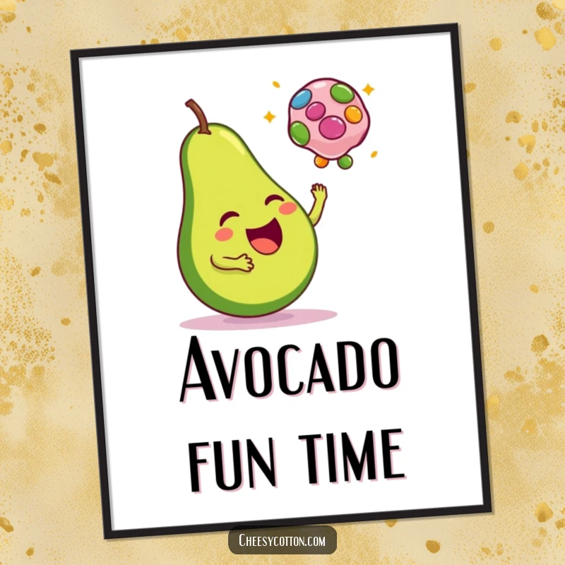 Funny poster art of a happy avocado character joyfully tossing a colorful bean bag, perfect for playful wall decor.