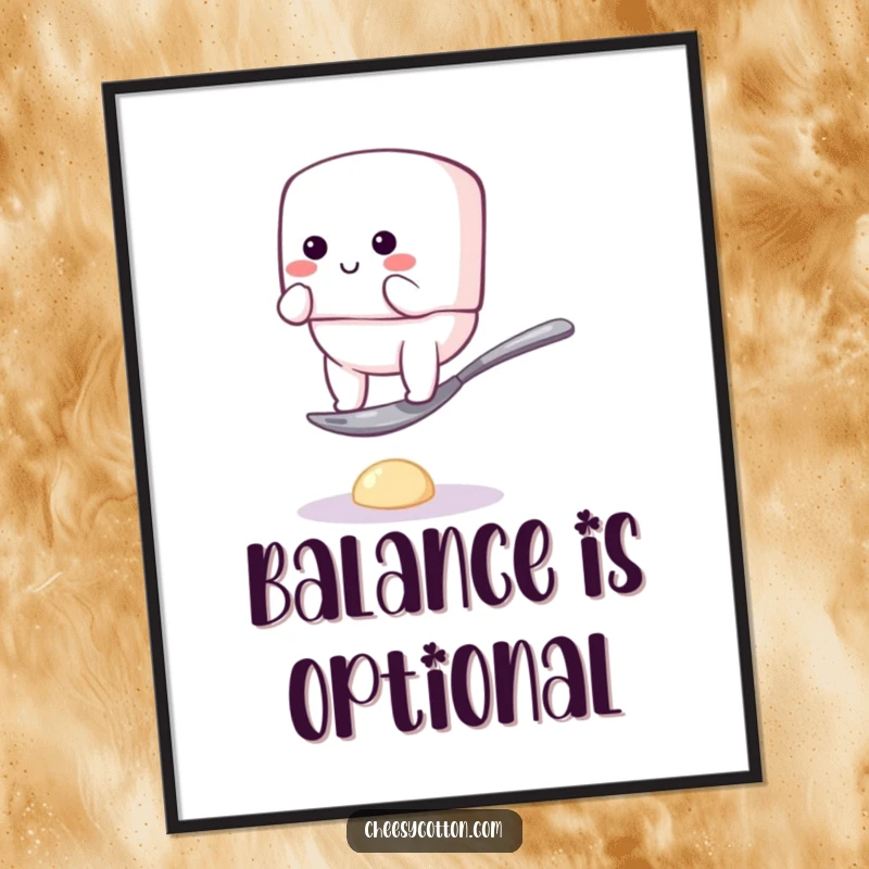 Funny poster showcasing a bouncy marshmallow character comically struggling to balance on a tiny spoon, a piece of art bursting with humor.