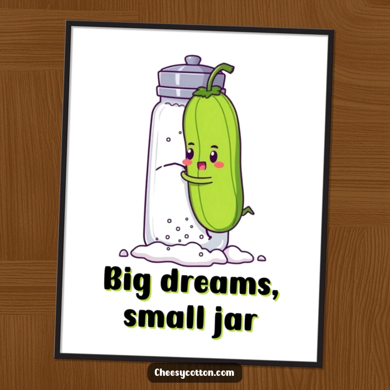 Funny poster depicting a determined pickle character bravely climbing a giant salt shaker, a humorous and inspiring piece of wall art.