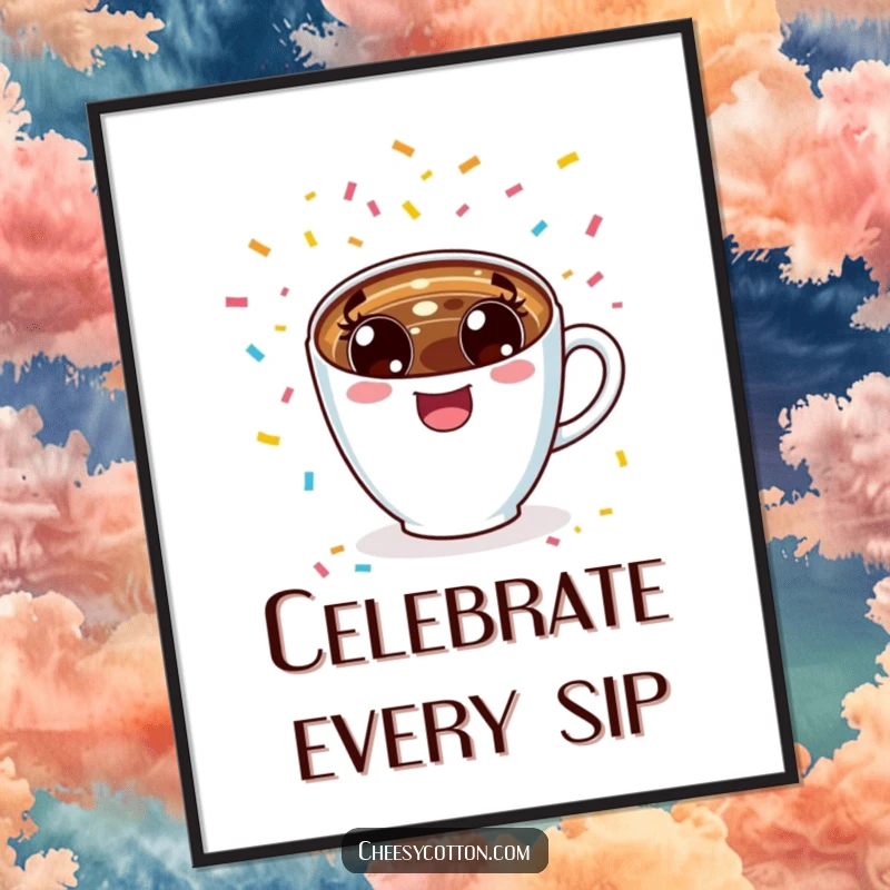 Funny, excited kawaii coffee cup joyfully cheering with confetti, presented as vibrant wall art.