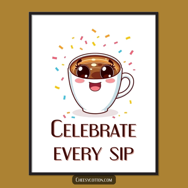 Funny Kawaii Coffee Cup Cheering Poster: Vibrant Joyful Art, Amazing Funny Gift Idea