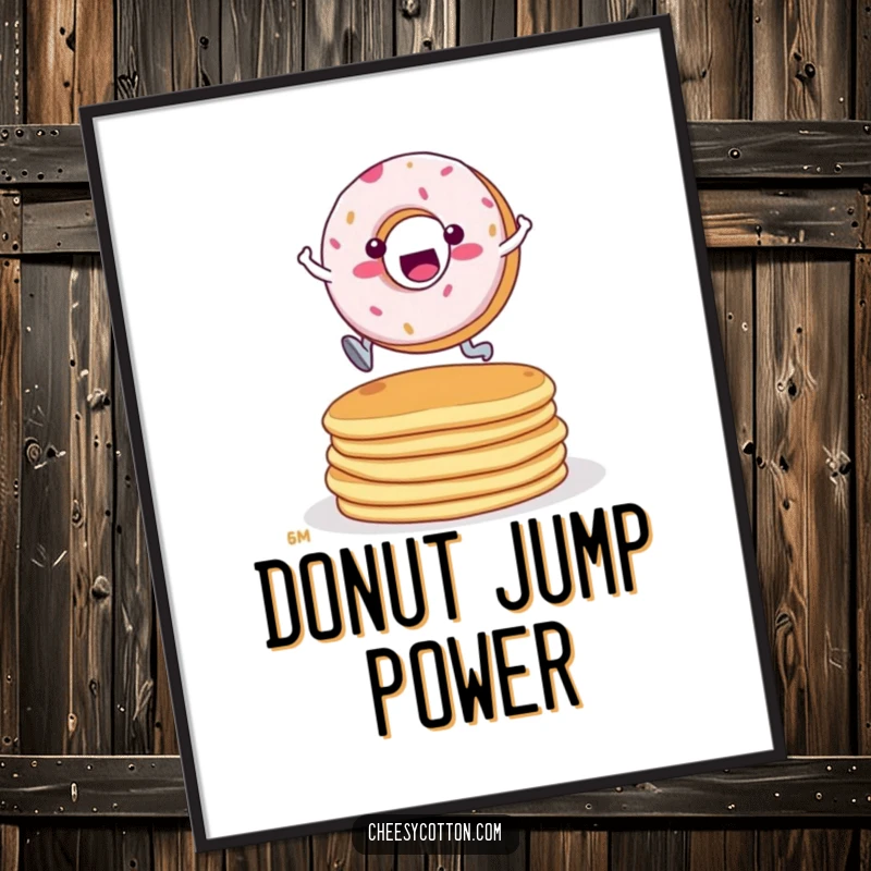 Funny Donut Pancake Leap Poster: Vibrant wall art of a determined donut character mid-leap over a stack of pancakes.